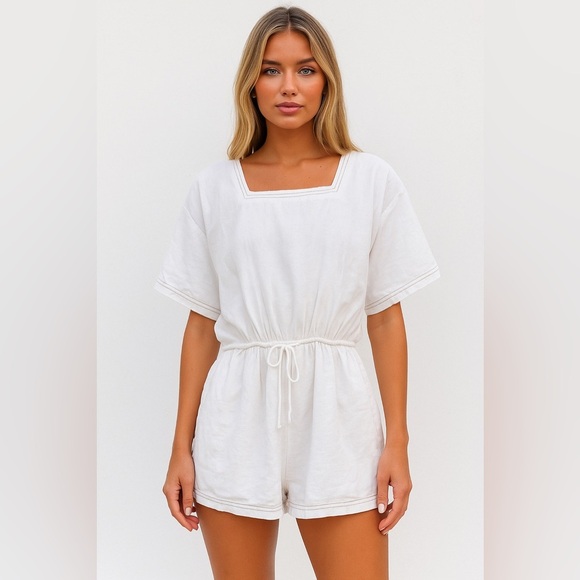 SABO SKIRT White Cotton Linen Contrast Stitch Tie Waist Romper Playsuit … - Picture 1 of 10